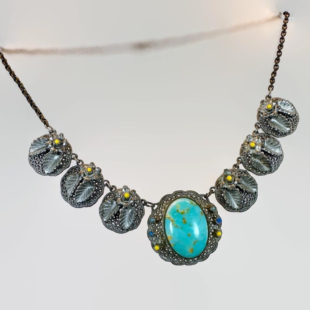 Art Deco Necklace, Hubbell Glass, Turquoise, Silver Tone, 30s, Vintage